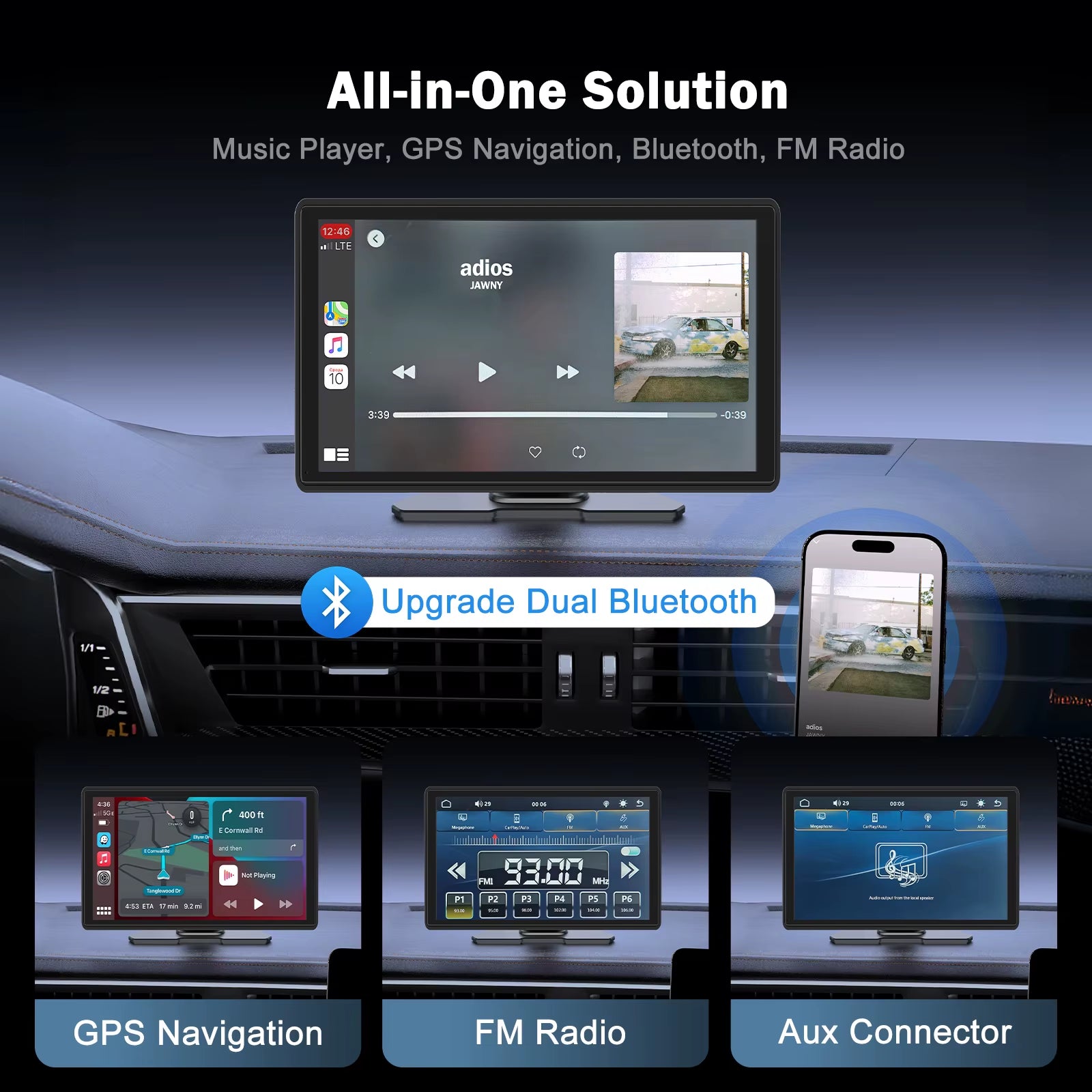 9 Inch Universal Portable Multimedia Screen Carplay Display Wireless Carplay Android Auto Touchscreen for Car