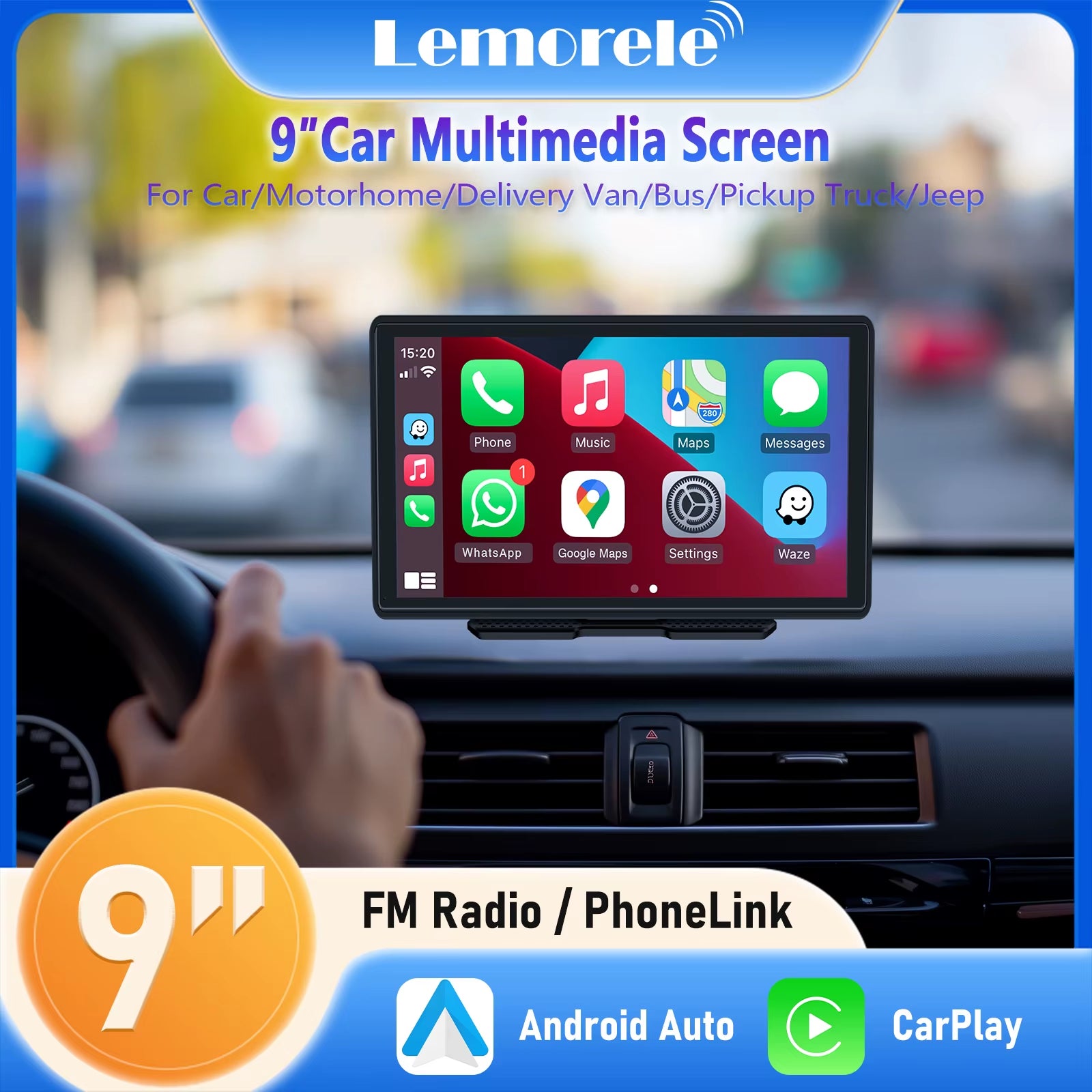 9 Inch Universal Portable Multimedia Screen Carplay Display Wireless Carplay Android Auto Touchscreen for Car